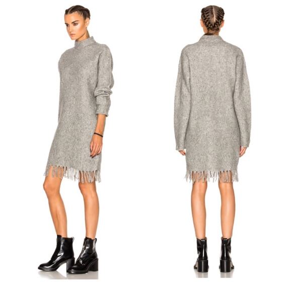 Alexander Wang Grey Wool Fringe Hem Long Sleeve Oversized Sweater Dress Size S - Picture 1 of 6